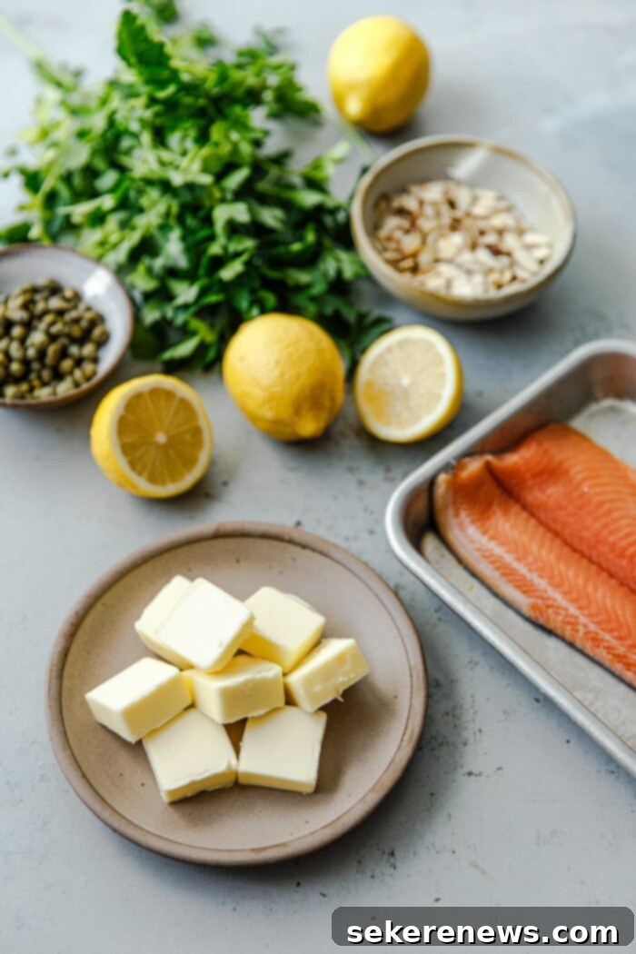 Brown Butter Almond Trout 3 Ingredients for Trout Almondine including trout fillets, butter, sliced almonds, capers, parsley, and lemon.