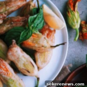 Crispy Basil Ricotta-Filled Zucchini Blossoms 8 Fried Zucchini Blossoms Stuffed with Basil Ricotta