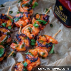 Harissa-Kissed Grilled Shrimp Skewers with Fresh Basil Drizzle 8 Grilled Harissa Shrimp Skewers with Basil Oil