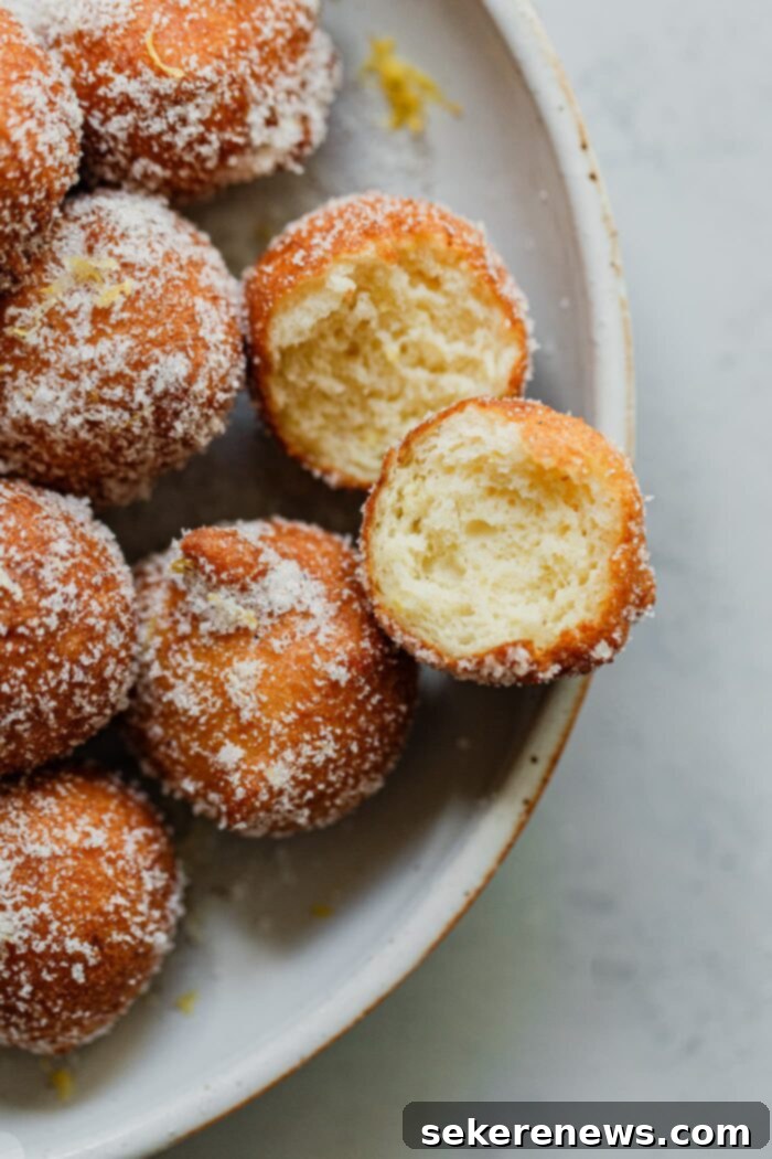 Pillowy Ricotta Doughnuts with Citrus Cardamom Sugar 2 Ricotta Donut Holes, golden brown and fluffy