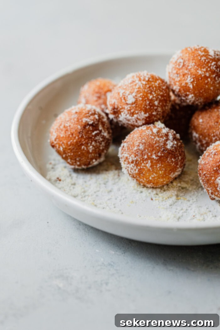 Pillowy Ricotta Doughnuts with Citrus Cardamom Sugar 3 Ricotta Donuts Rolled in Sugar, close-up
