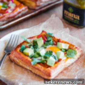 Flaky Egg and Cheddar Squares with Zesty Green Harissa 9 Egg Puff Pastry Squares with Cheddar and Green Harissa