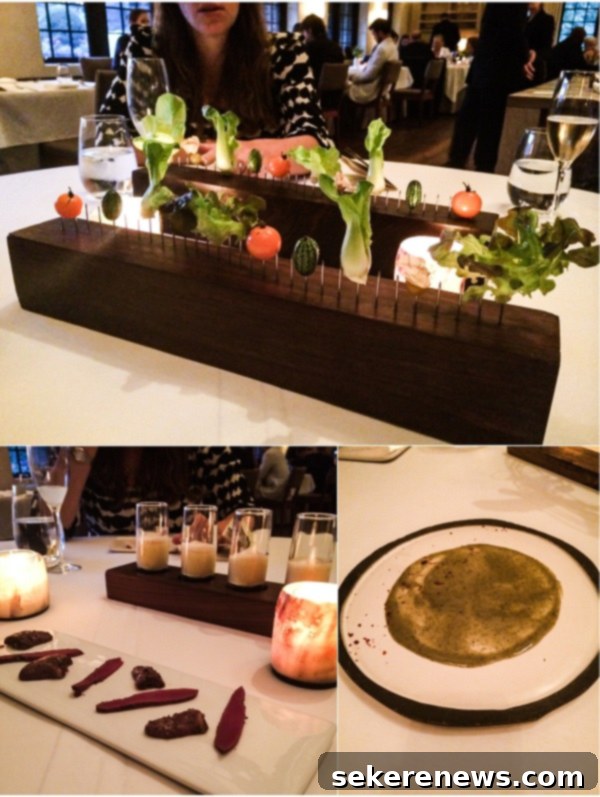 Variety of small vegetable and meat dishes at Blue Hill Stone Barns