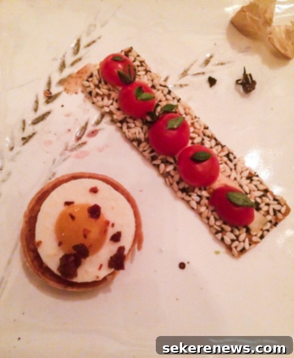 Close-up of tomato tart and sesame cracker