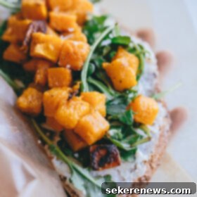 Butternut Squash, Arugula, and Roasted Garlic Goat Cheese Tartine 7 Butternut Squash Tartine with Roasted Garlic Goat Cheese and Arugula - The finished dish