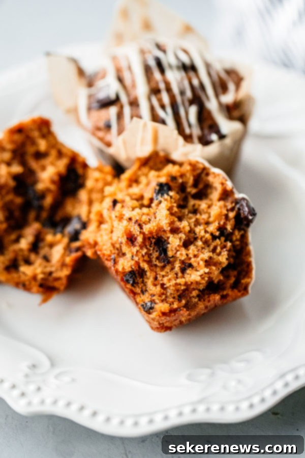 These AMAZING Pumpkin Chocolate Chip Muffins with Coffee Glaze are loved by all! This easy pumpkin muffin recipe is filled with dark chocolate and topped with an easy coffee glaze. #abeautifulplate #pumpkin #muffin #recipe #dessert Pumpkin Chocolate Chip Muffin Cut in Half