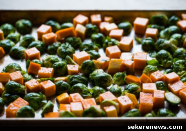 Roasted Brussels Sprouts and Squash with Dried Cranberries and Dijon Vinaigrette. This colorful Thanksgiving side dish recipe is easy and loved by all! #thanksgiving #vegetarian #sidedish #fall #holiday #recipe #abeautifulplate #squash #brusselssprouts Chopped Brussels Sprouts and Butternut Squash on half sheet pan, ready for roasting