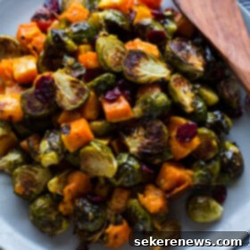 Cranberry Dijon Brussels Squash Roast 2 Roasted Brussels Sprouts and Squash with Dried Cranberries and Dijon Vinaigrette -- the perfect side dish for #Thanksgiving!