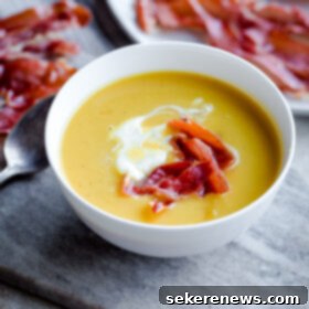 Creamy Butternut Squash and Leek Soup with Prosciutto Crisps and Crème Fraîche 7 Butternut Squash and Leek Soup with Crispy Prosciutto and Creme Fraîche