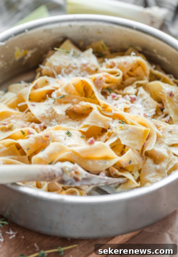 Creamy Leek and Pancetta Pappardelle Pasta in Skillet
