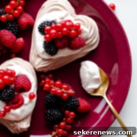 Pillowy Chocolate Heart Meringue Cups with Berries and Cream 8 Chocolate Heart Meringue Cups with Whipped Cream and Berries. An elegant, simple dessert for Valentine's Day!