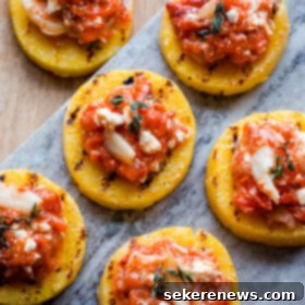 Chargrilled Polenta Bites with Herbed Feta and Sweet Red Pepper 8 Grilled Polenta Bites with Roasted Red Pepper, Feta, and Thyme
