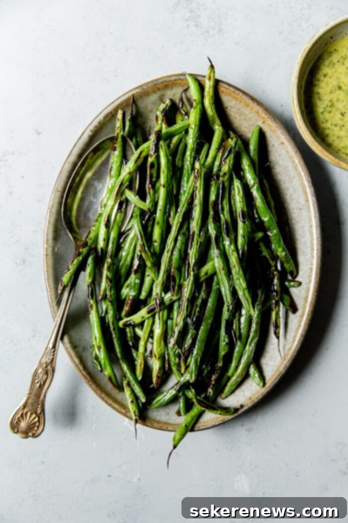 Blistered Snap Beans with Zesty Cilantro Dressing 2 Charred Green Beans on Platter