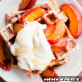 Fluffy Belgian Buttermilk Waffles with Roasted Peaches and Vanilla Mascarpone 8 Belgian Buttermilk Waffles with Peaches and Mascarpone