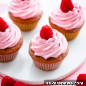 Caramelized Raspberry Cupcakes 7 Close-up of a Roasted Raspberry Cupcake, showcasing the vibrant pink buttercream and fluffy texture