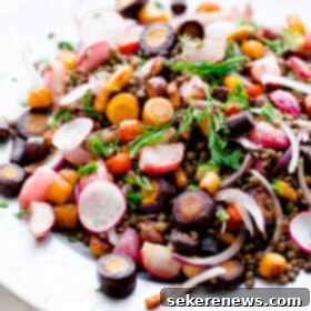 Roasted Carrot and Lentil Power Bowl with Tahini Drizzle 3 Roasted Carrot Lentil Salad with Radishes and Tahini Dressing, a healthy and protein-packed vegan and gluten-free meal.