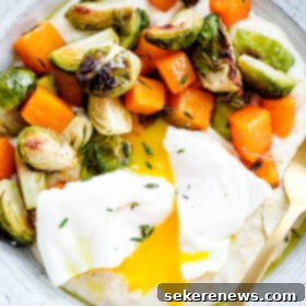 Goat Cheese Grits with Roasted Harvest Vegetables and Poached Eggs 6 Creamy Goat Cheese Grits with Roasted Brussels Sprouts and Squash and Poached Eggs. A delicious, EASY vegetarian dinner recipe!