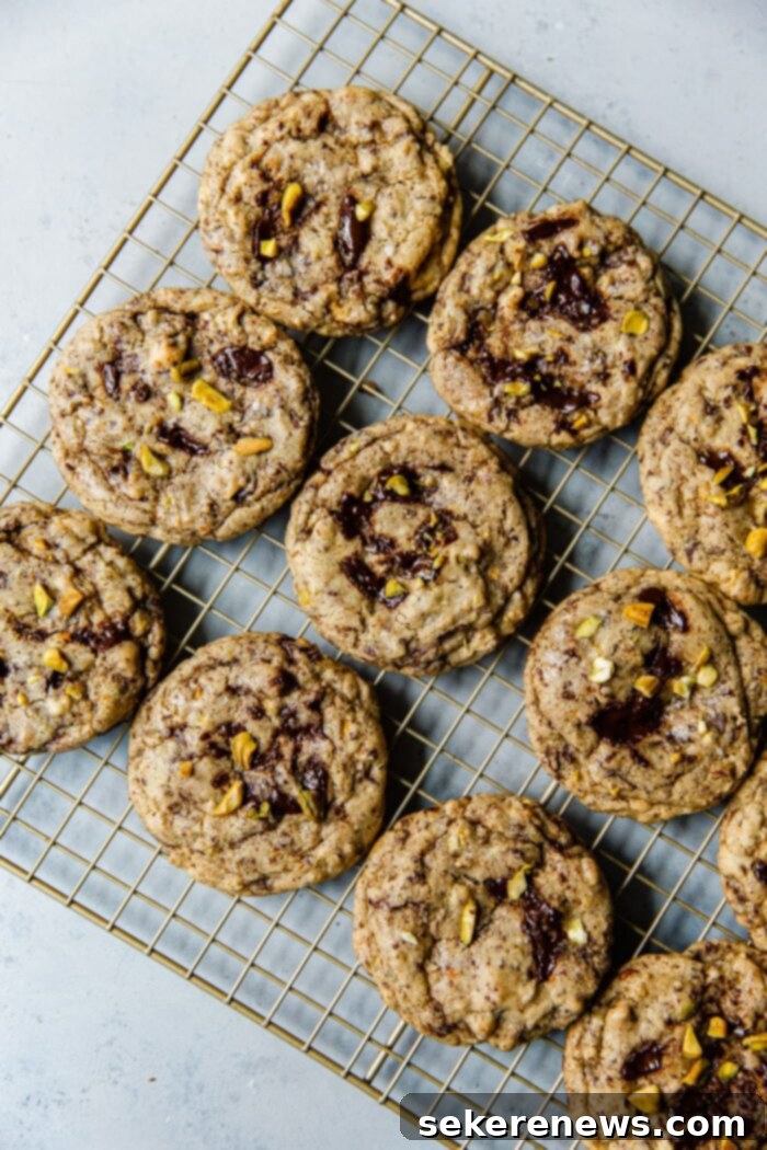 Orange Pistachio Chocolate Chip Cookies 5 Orange Pistachio Chocolate Chunk Cookies on Rack