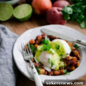 Spicy Chorizo Hash Benedict with Zesty Cilantro Hollandaise 6 Chorizo and Potato Hash Eggs Benedict with Cilantro Hollandaise, a delicious brunch option