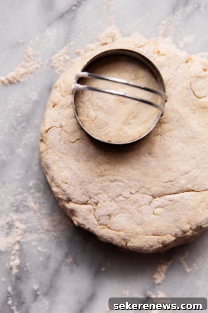 Effortless Whole Wheat Biscuits 10 Cutting out biscuit dough with a round cutter