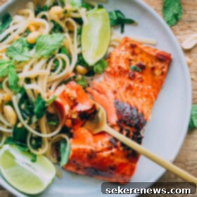 Zesty Thai Noodle Salad with Perfectly Glazed Salmon 7 Thai Noodle Salad with Glazed Salmon. This flavor packed main course can be prepared in less than 45 minutes!