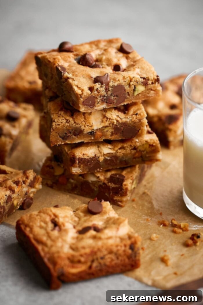 Easy Blondie Recipe and Flavor Variations 2 Stack of Chocolate Chip Blondies