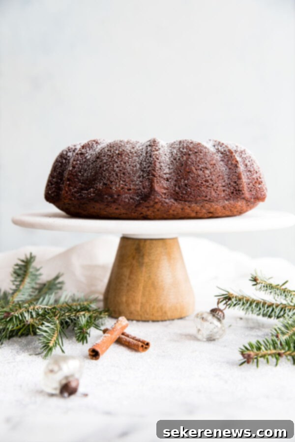 Gingerbread Bundt Cake A beautifully decorated Gingerbread Bundt Cake, lightly dusted with powdered sugar, ready for holiday festivities. Perfect for Christmas dessert.