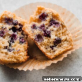Effortless Blueberry Delights 2 A perfectly split whole wheat blueberry muffin revealing its moist, fluffy interior and plump blueberries.