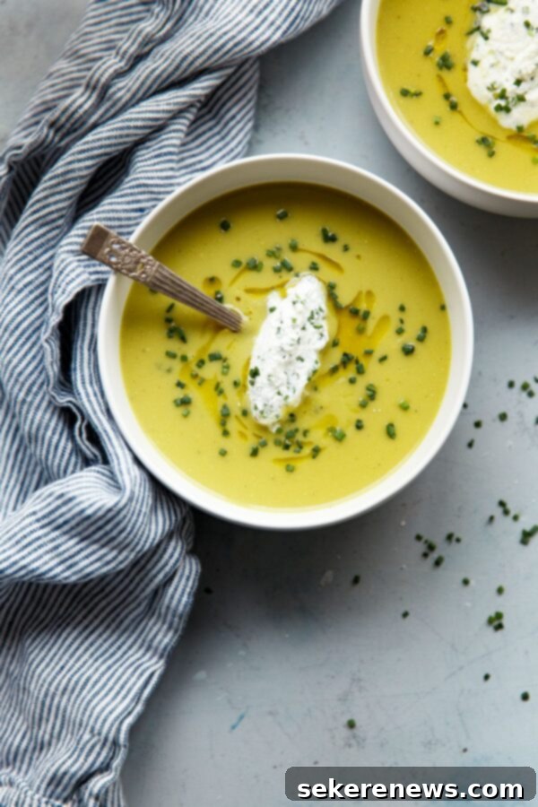 Creamy Asparagus Potato Soup with Homemade Chive Cream Garnish