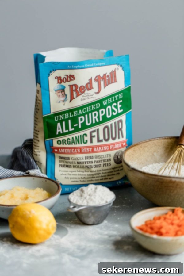 Essential Ingredients for the Best Carrot Cake with Pineapple and Coconut Carrot Cake Ingredients including Bob's Red Mill Flour, Carrots, Pineapple, and Coconut