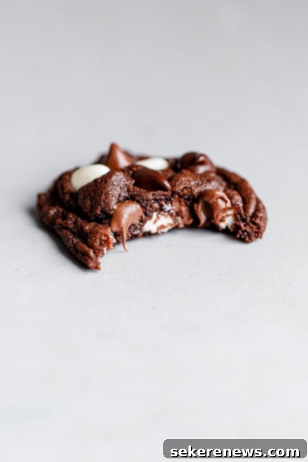 Bitten Triple Chocolate Cookie - Highlighting the perfect crisp edge and chewy center of this chocolate chip cookie recipe. Close-up of a Bitten Triple Chocolate Cookie Revealing Its Chewy Interior