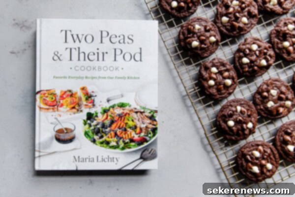 Two Peas and Their Pod Cookbook featuring the Triple Chocolate Cookie recipe Two Peas and Their Pod Cookbook displayed with Triple Chocolate Cookies