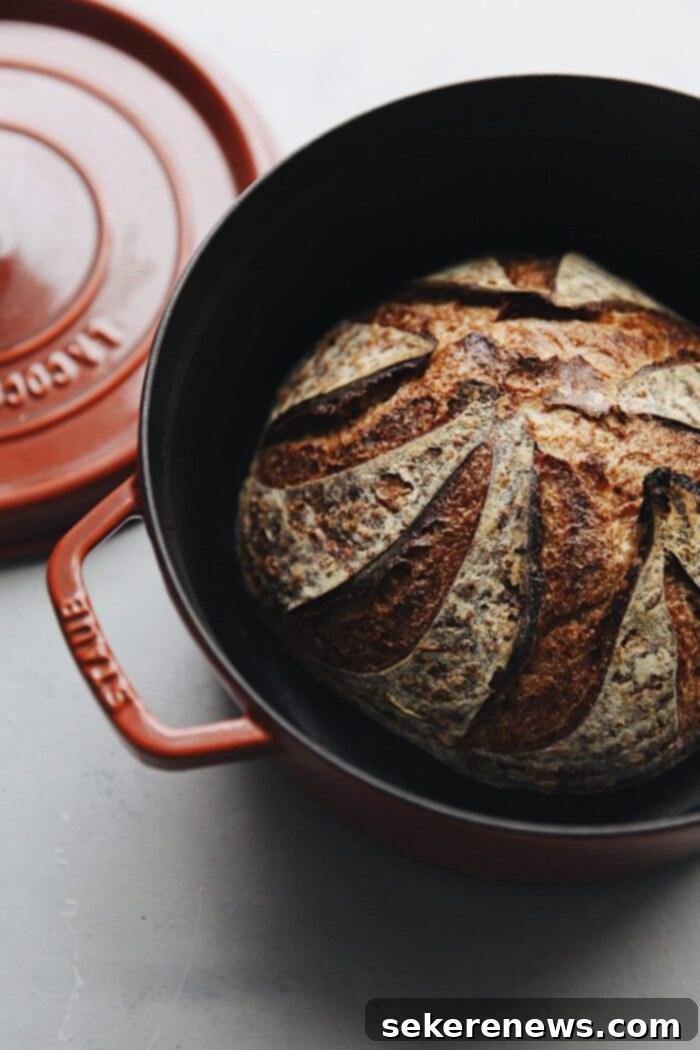 Beautifully Baked Sourdough Bread Loaf in a Staub Dutch Oven