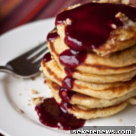 Blackberry Drizzle Mini Pancakes 6 Silver Dollar Pancakes with Blackberry Syrup Recipe Card Image