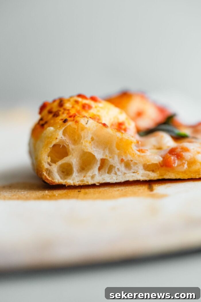 Perfect Sourdough Pizza Dough 3 Sourdough Pizza Crust - A close-up of a homemade sourdough pizza crust, showcasing its crispy and airy texture.
