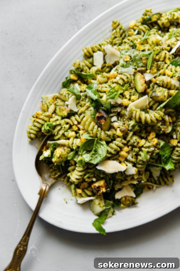 Pistachio Pesto Pasta with Smoky Grilled Corn, Zucchini, and Pecorino 2 Pistachio Pesto Pasta with Grilled Corn and Zucchini