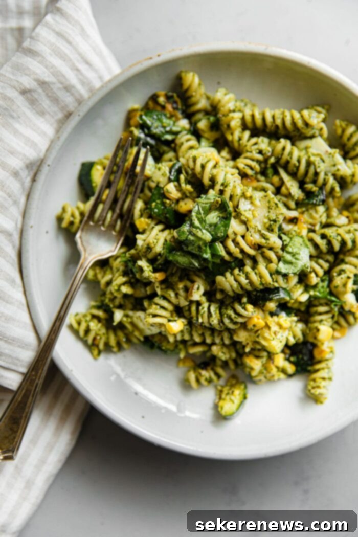 Pistachio Pesto Pasta with Smoky Grilled Corn, Zucchini, and Pecorino 14 Pistachio Pesto Pasta with Grilled Corn and Zucchini