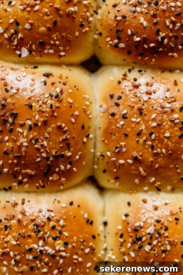 Homemade Everything Dinner Rolls 18 Soft and fluffy Everything Dinner Rolls on a wooden board
