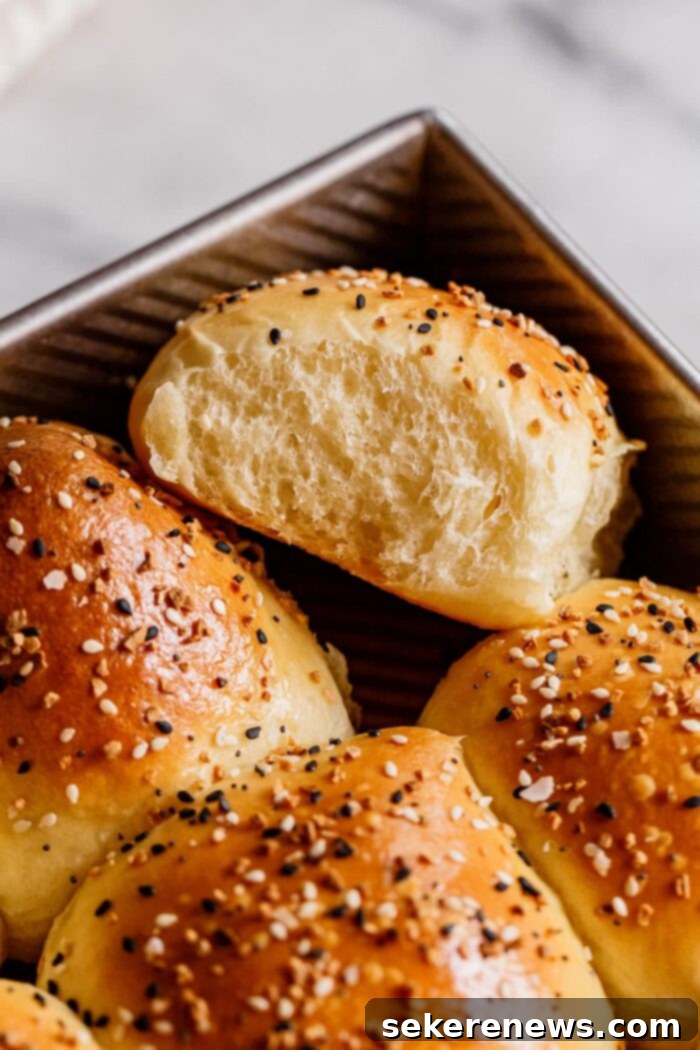 Homemade Everything Dinner Rolls 21 Fluffy Dinner Rolls with a torn edge showing soft interior