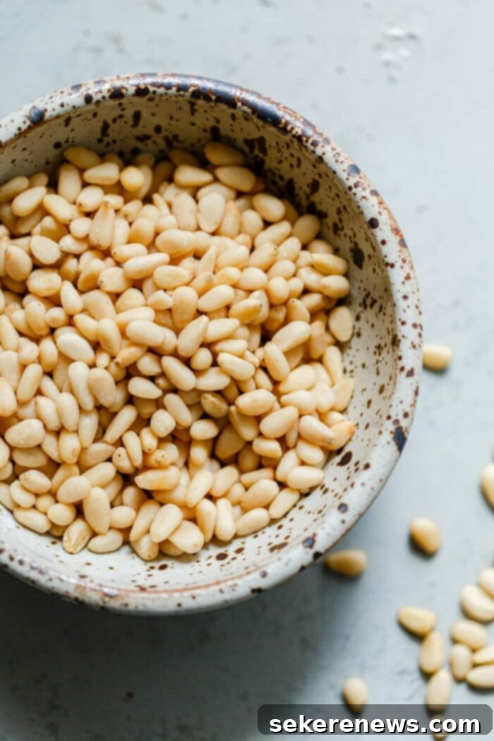 Toast Pine Nuts Like a Pro 2 Raw Pine Nuts in Bowl, ready to be toasted for enhanced flavor