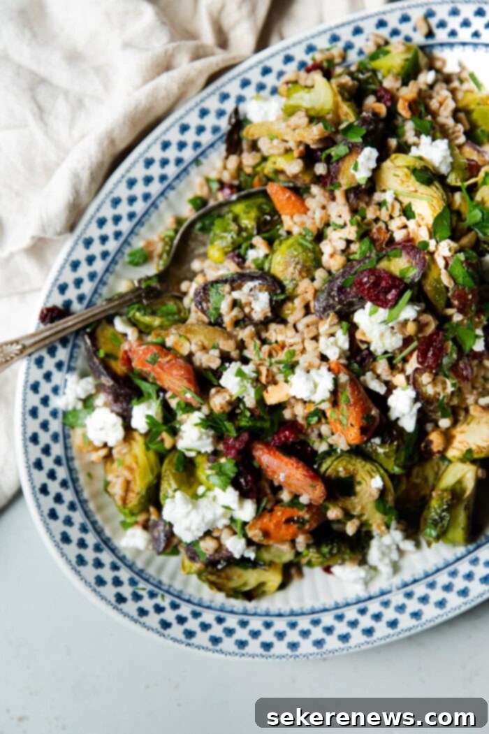 Hearty Autumn Farro Salad 13 Beautifully plated Fall Farro Salad on a serving platter, garnished with fresh herbs and feta, ready to be enjoyed.