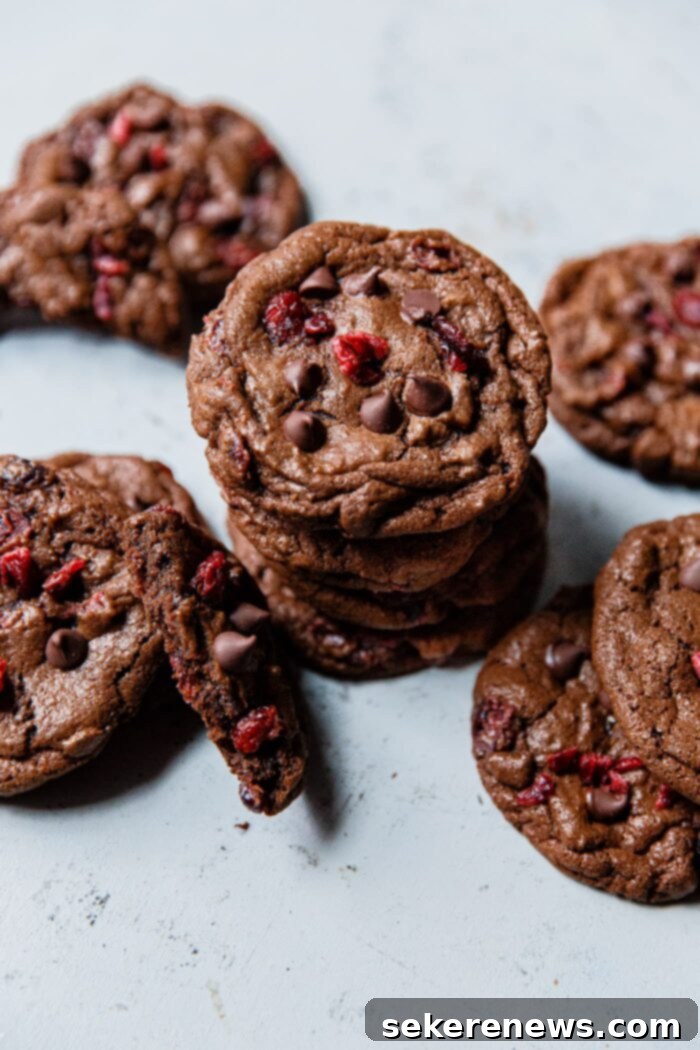 Decadent Chewy Chocolate Cranberry Cookies 2 Chewy Chocolate Cookies with Cranberries and Chocolate Chips on a festive plate