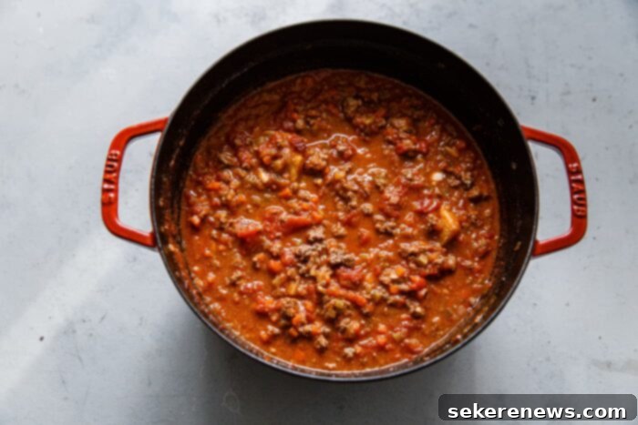 Marcella Hazan's Classic Bolognese 8 Slow-simmering Marcella Hazan Bolognese sauce in a Dutch oven