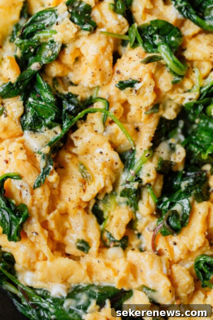 Fluffy Cheesy Scramble with Fresh Greens 3 Cheesy Scrambled Eggs with Cooked Greens