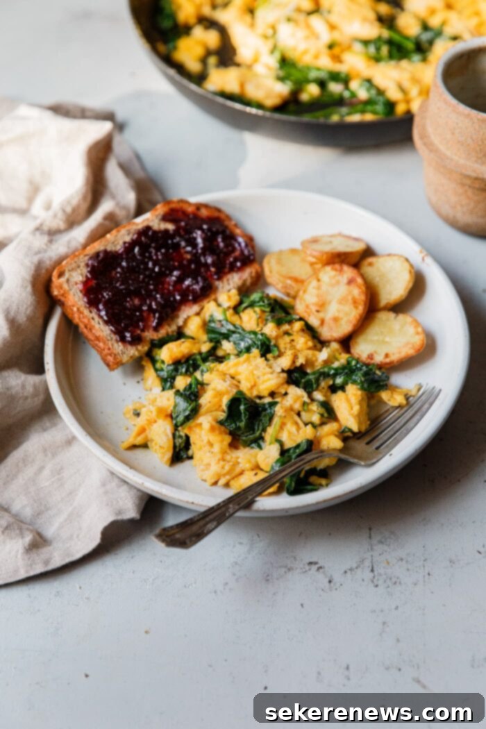 Fluffy Cheesy Scramble with Fresh Greens 9 Cheesy Scrambled Eggs Breakfast Plate with Toast and Potatoes