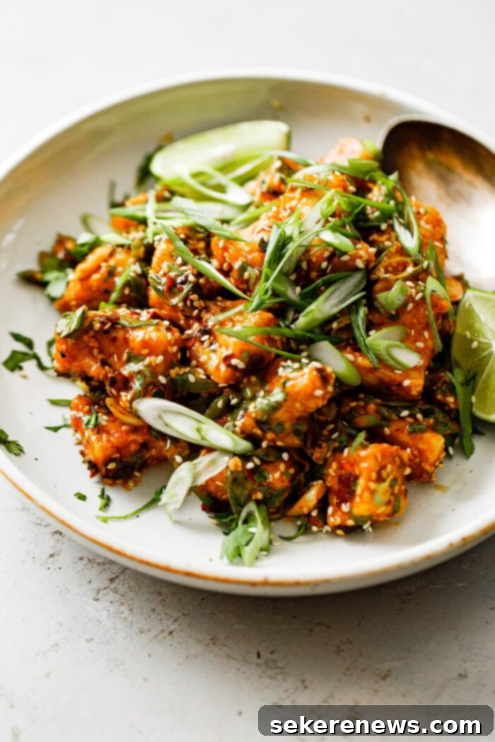 Spicy Chili Peanut Tofu Crunch 2 Crispy Tofu with Spicy Chili Crisp Sauce and Scallions