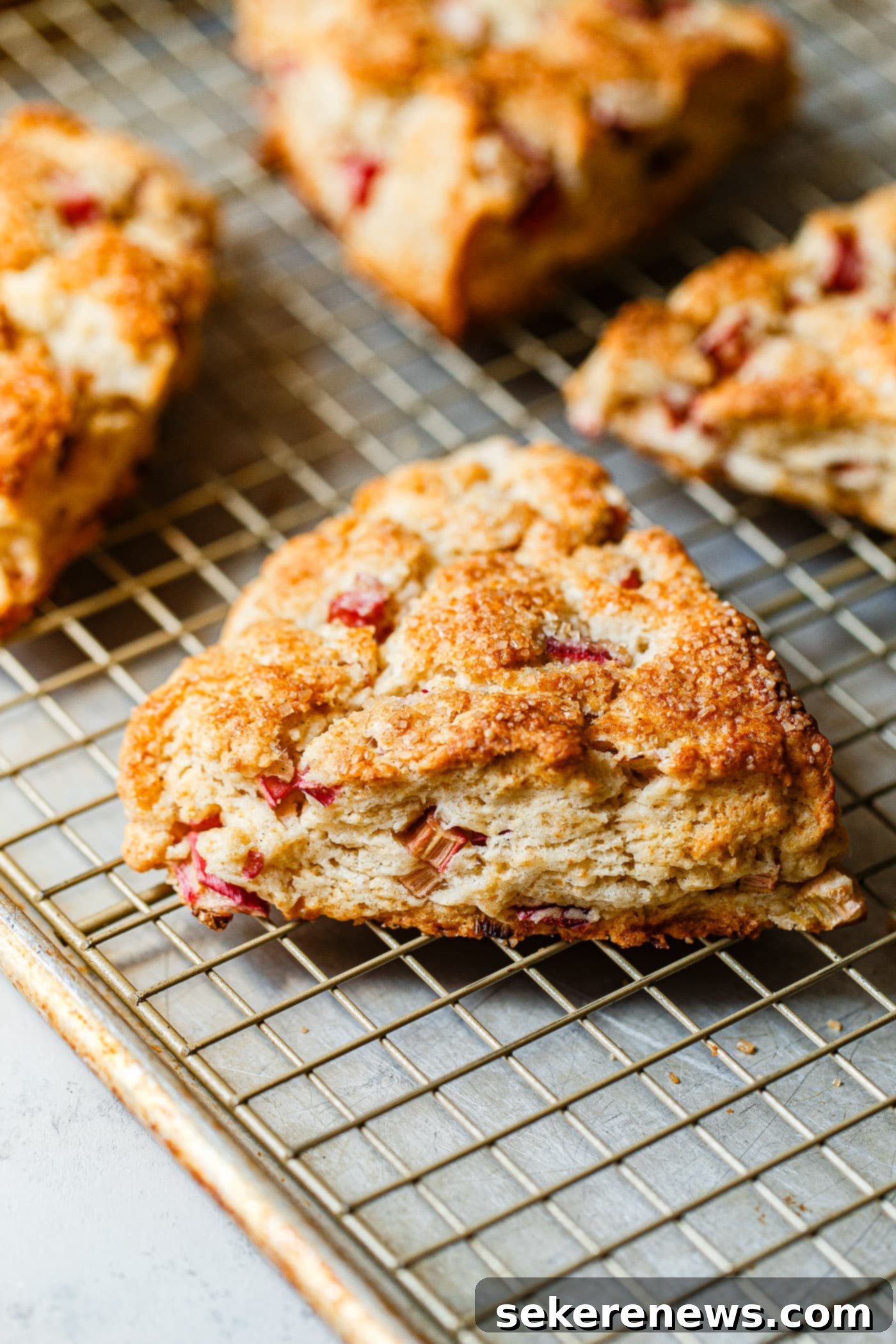 Orange Glazed Rhubarb Scones 2 Rhubarb Scones on Cooling Rack