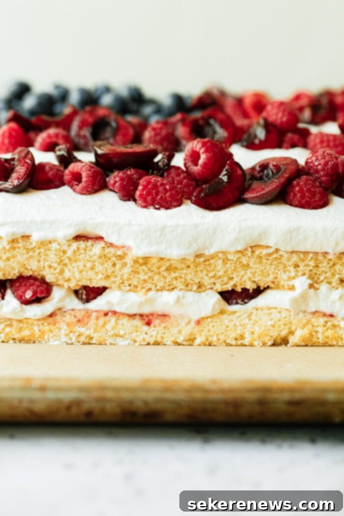 Patriotic Pride Cake 3 Layers of sponge cake, whipped cream, and berries for a flag cake.