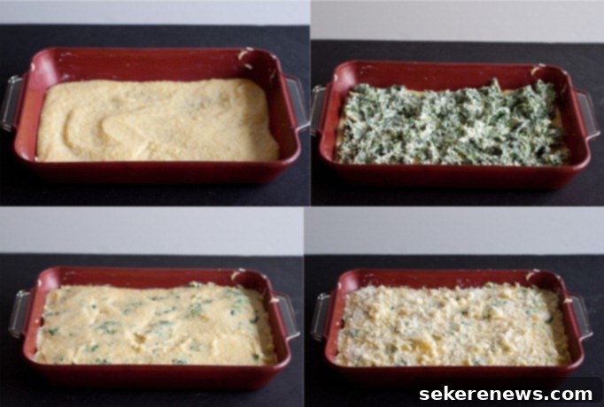 Assembling Polenta Al Forno with collard greens and cheese in a baking dish, showing the spread layers