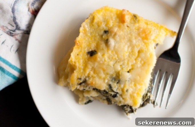 Finished Polenta Al Forno with Collard Greens, golden brown and bubbling from the oven, ready to be served